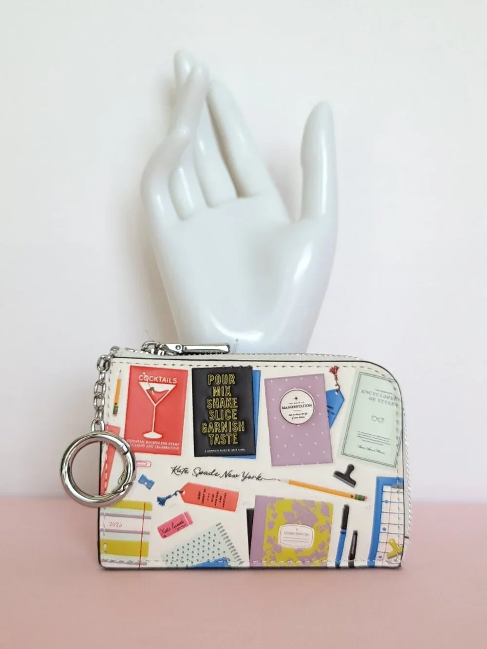 KATE SPADE Mini Zipper ID Card Case in Smooth Leather w Print-Cream multi⭐